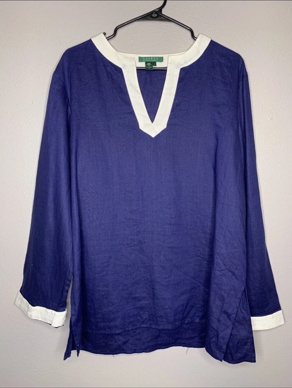 Lauren Ralph Lauren Navy Tunic with White Trim Large 100% Linen